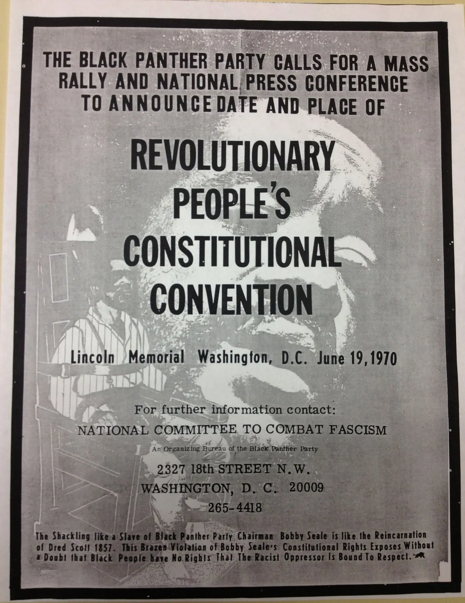 Tract d'époque appelant au rassemblement des Black Panthers du 19 juin 1970 au Lincoln Memorial de Washington, typographie militante en noir et blanc