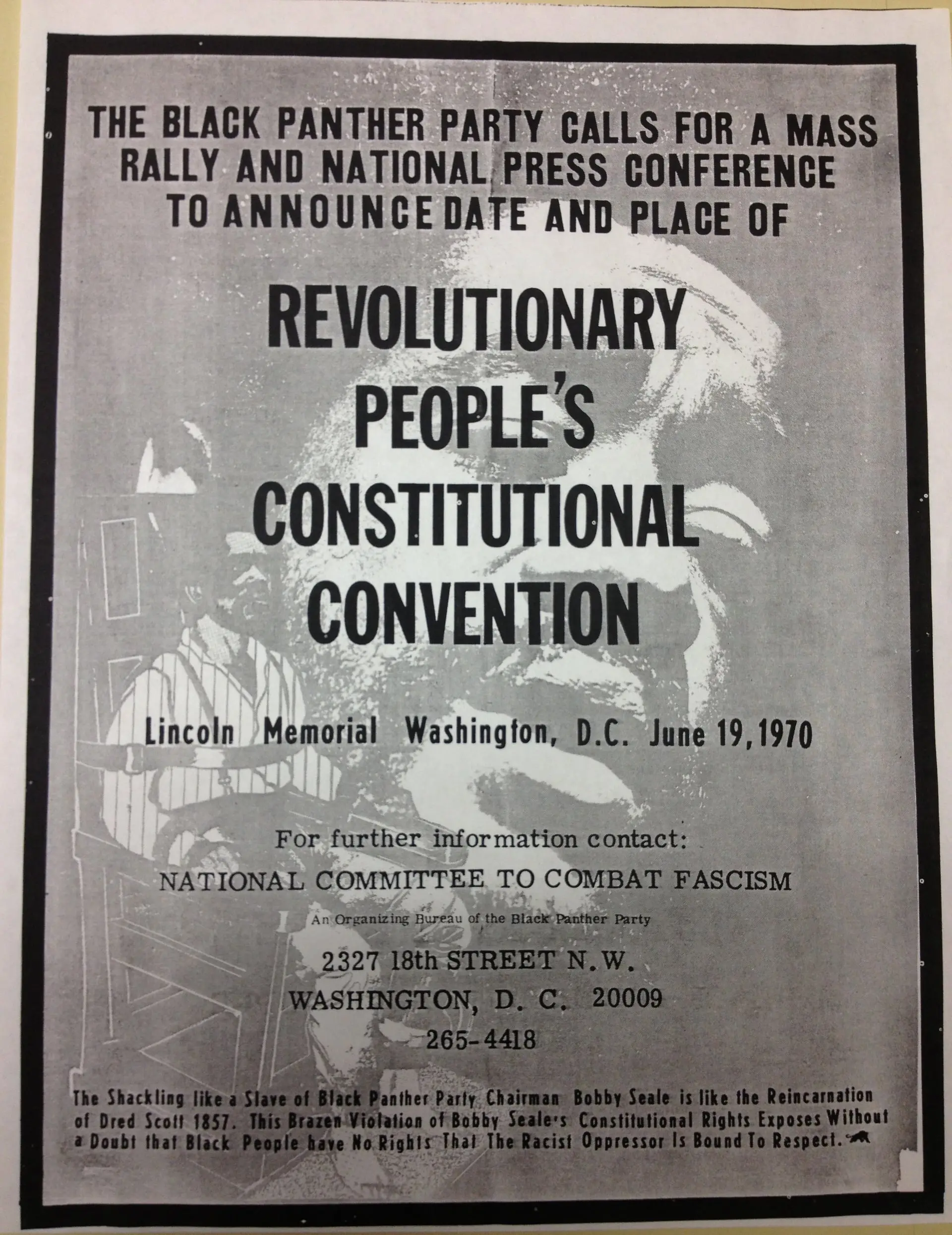 Tract d'époque appelant au rassemblement des Black Panthers du 19 juin 1970 au Lincoln Memorial de Washington, typographie militante en noir et blanc